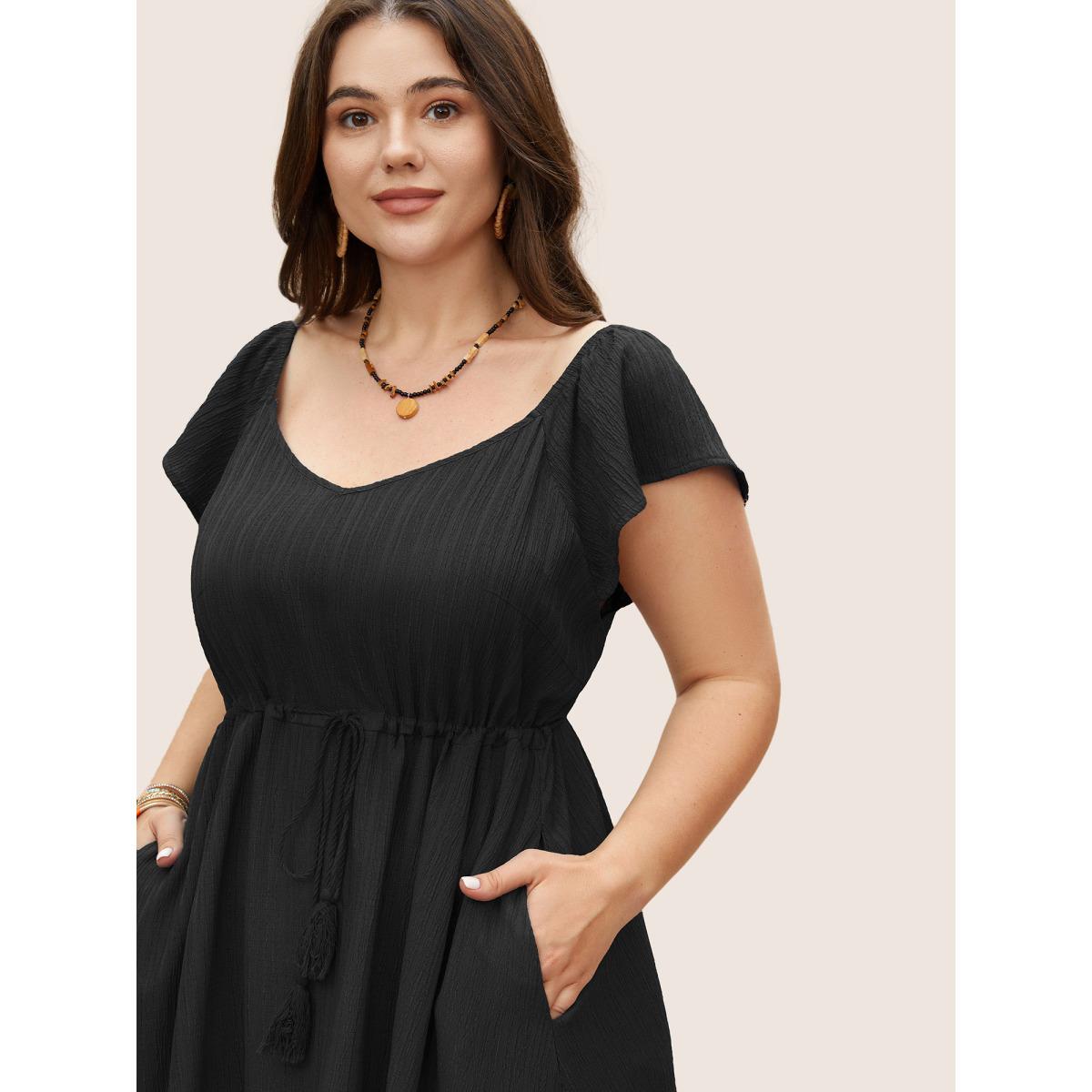 Plus Size Texture Drawstring Tie Knot Tassels Dress Black Women Resort Tie knot V-neck Cap Sleeve Curvy BloomChic 18-20/2X Product Image