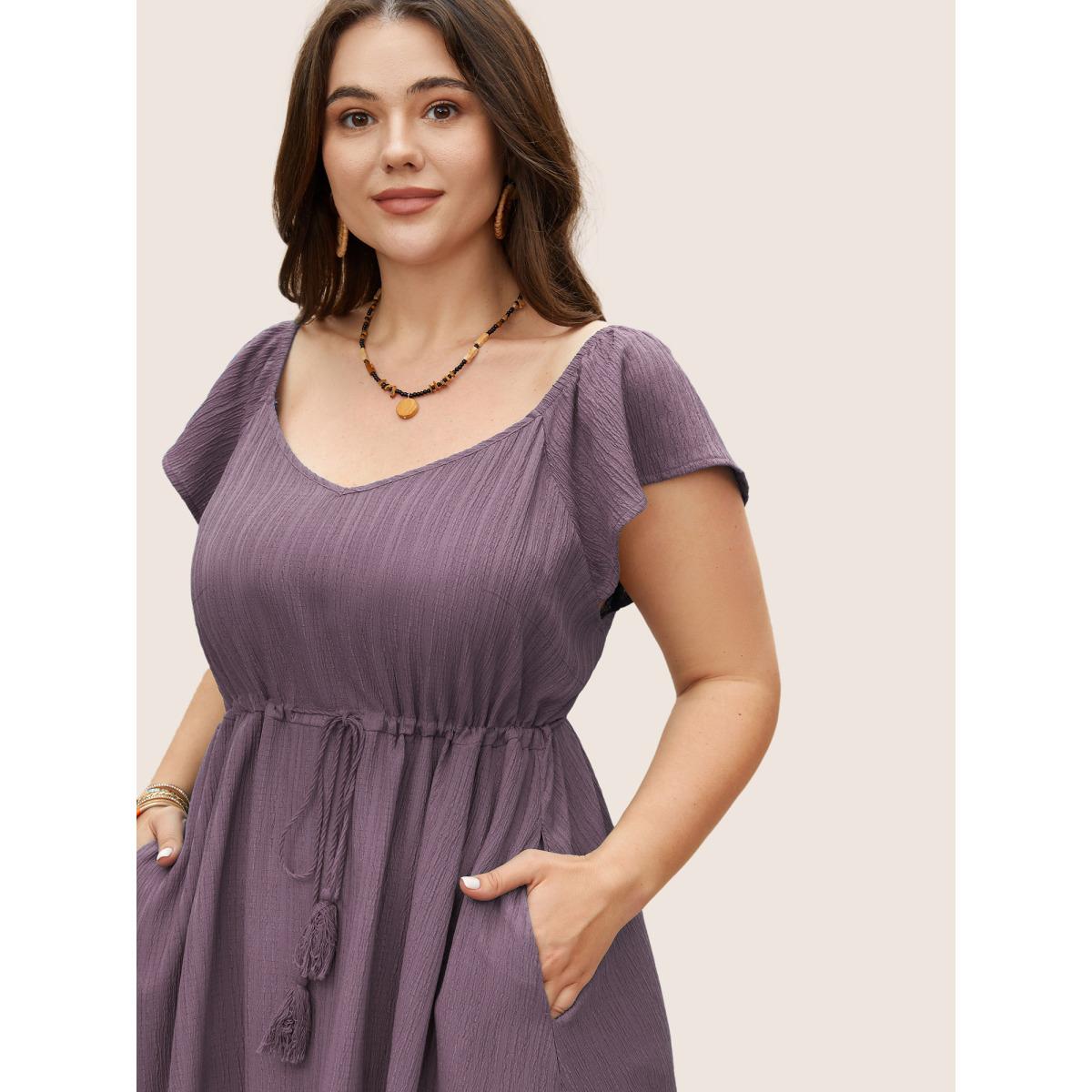 Plus Size Texture Drawstring Tie Knot Tassels Dress Mauve Women Resort Tie knot V-neck Cap Sleeve Curvy BloomChic 28/5X Product Image