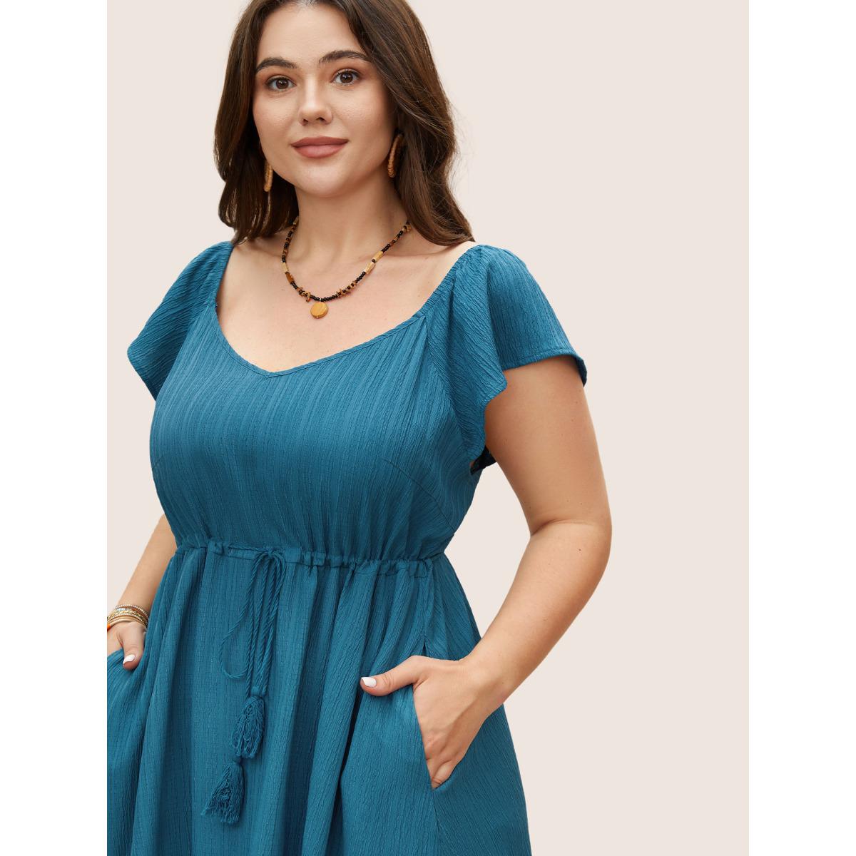 Plus Size Texture Drawstring Tie Knot Tassels Dress Cerulean Women Resort Tie knot V-neck Cap Sleeve Curvy BloomChic 22-24/3X Product Image