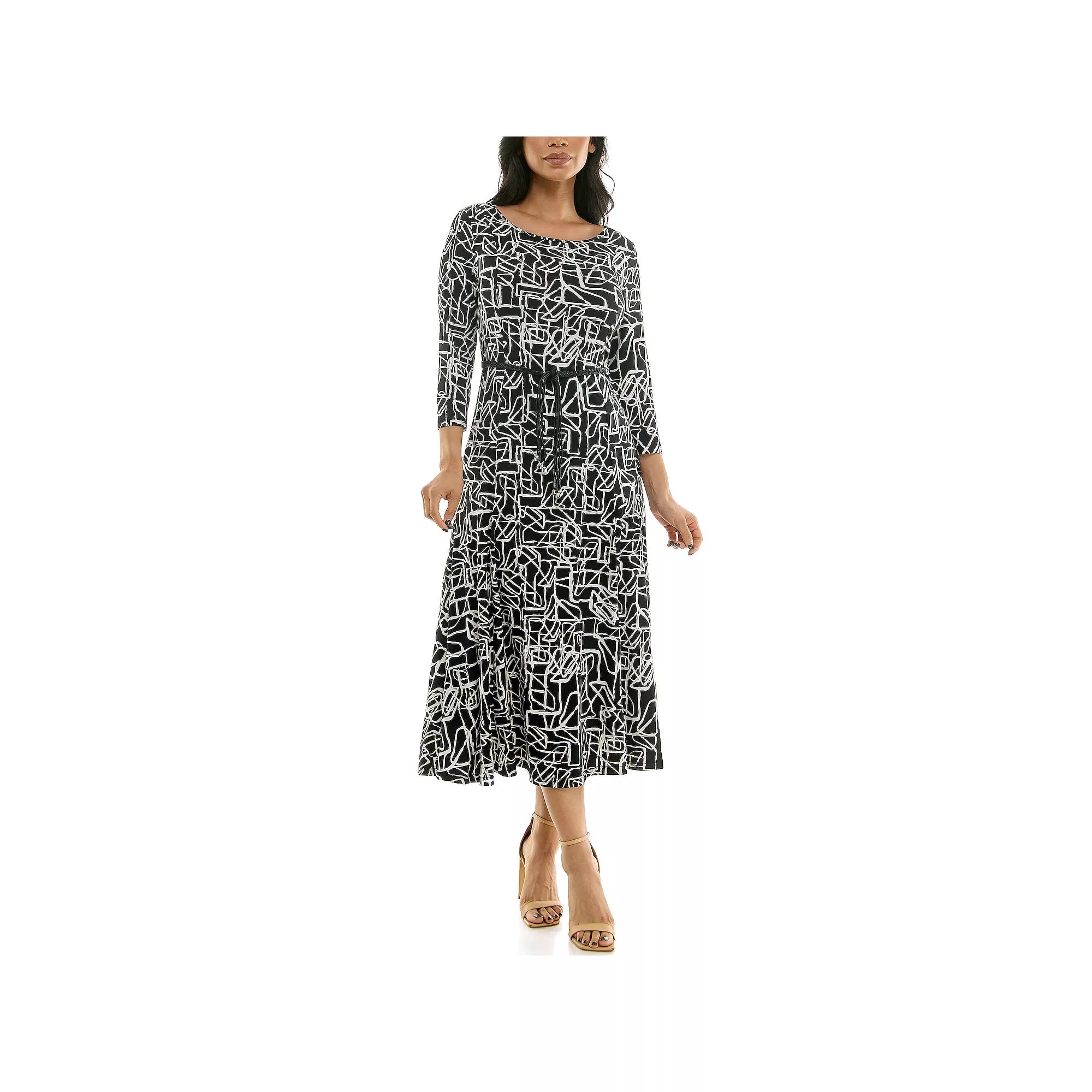 Women's Nina Leonard Sylvia Three-Quarter Sleeve Belted Midi Dress, Size: XL, Black White Combo Product Image