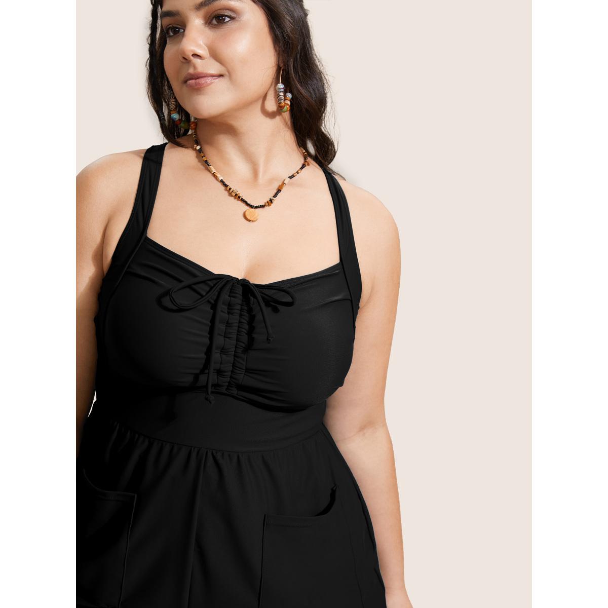 Plus Size Plain Patched Pocket Drawstring One Piece Swimsuit Women's Swimwear Black Resort Gathered Curve Bathing Suits High stretch One Pieces BloomChic 10/M Product Image