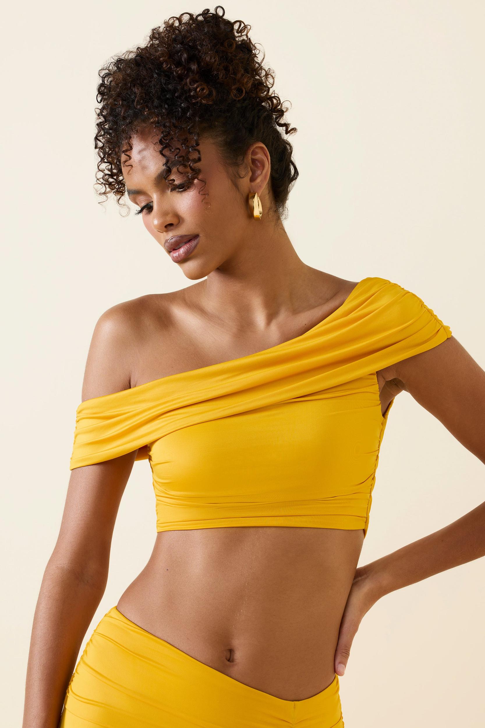 Asymmetric Ruched Off-Shoulder Crop Top in Golden Yellow Product Image