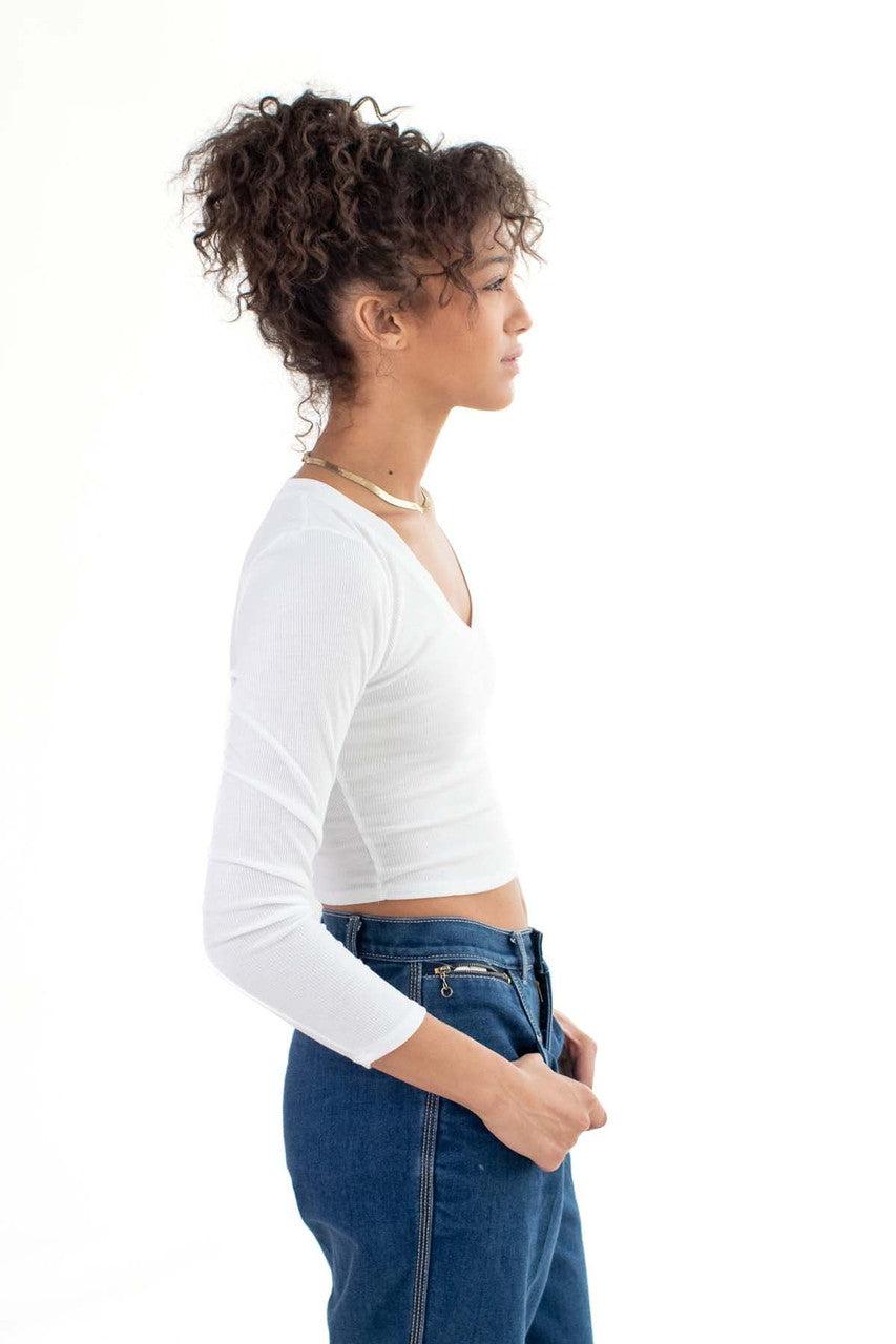 White Long Sleeve Ribbed V Neck Product Image