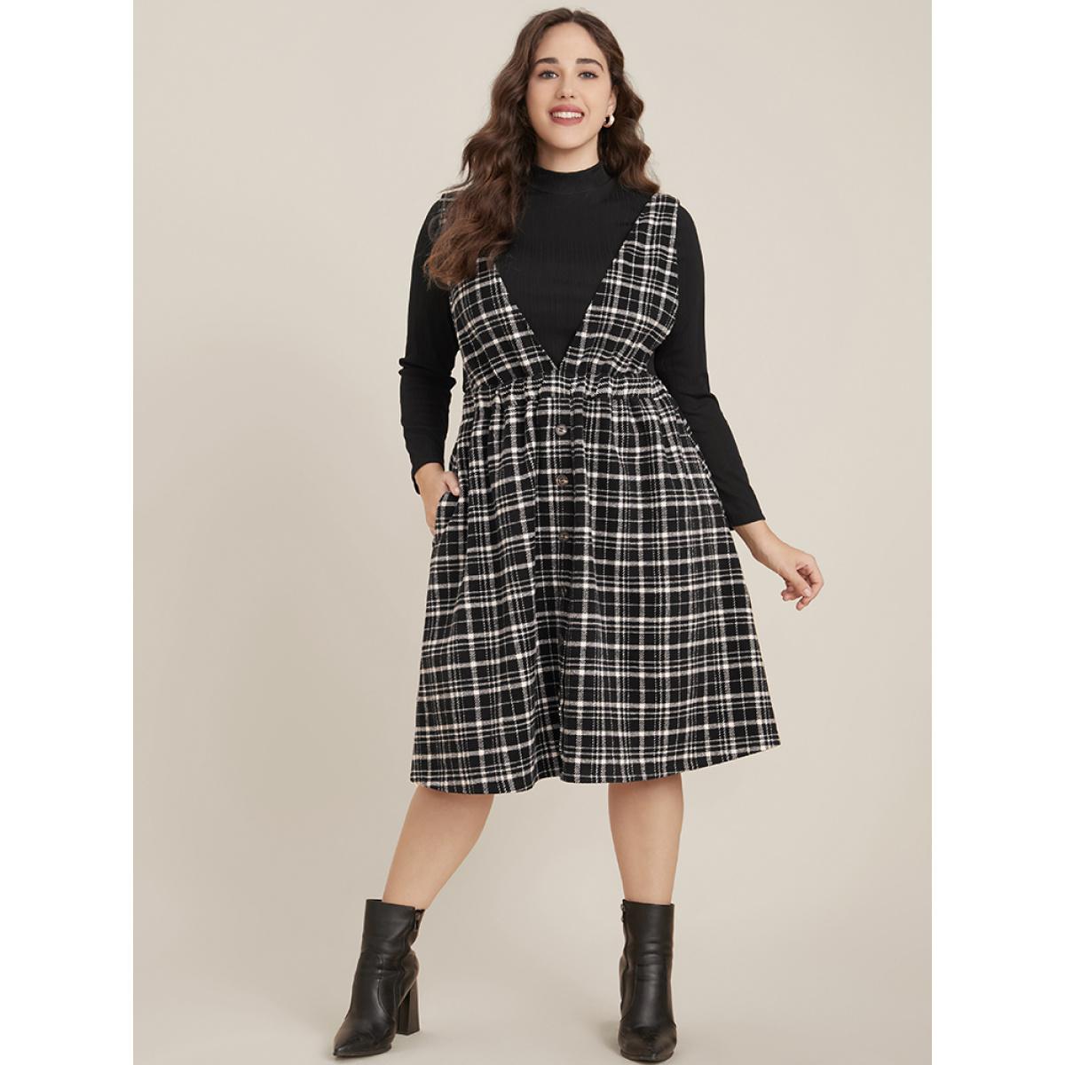 Plus Size Plaid Sleeveless Pocket Button Detail Suspender Dress Without Sweater Black Women Office Elastic Waist Deep V-neck Sleeveless Curvy Midi Dress BloomChic 10/M Product Image