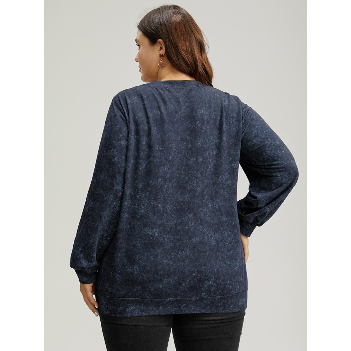 Plus Size Christmas Vintage Skull Print Crew Neck Sweatshirt Women Blue Casual Elastic cuffs Festival-Christmas Sweatshirts BloomChic 18-20/2X Product Image