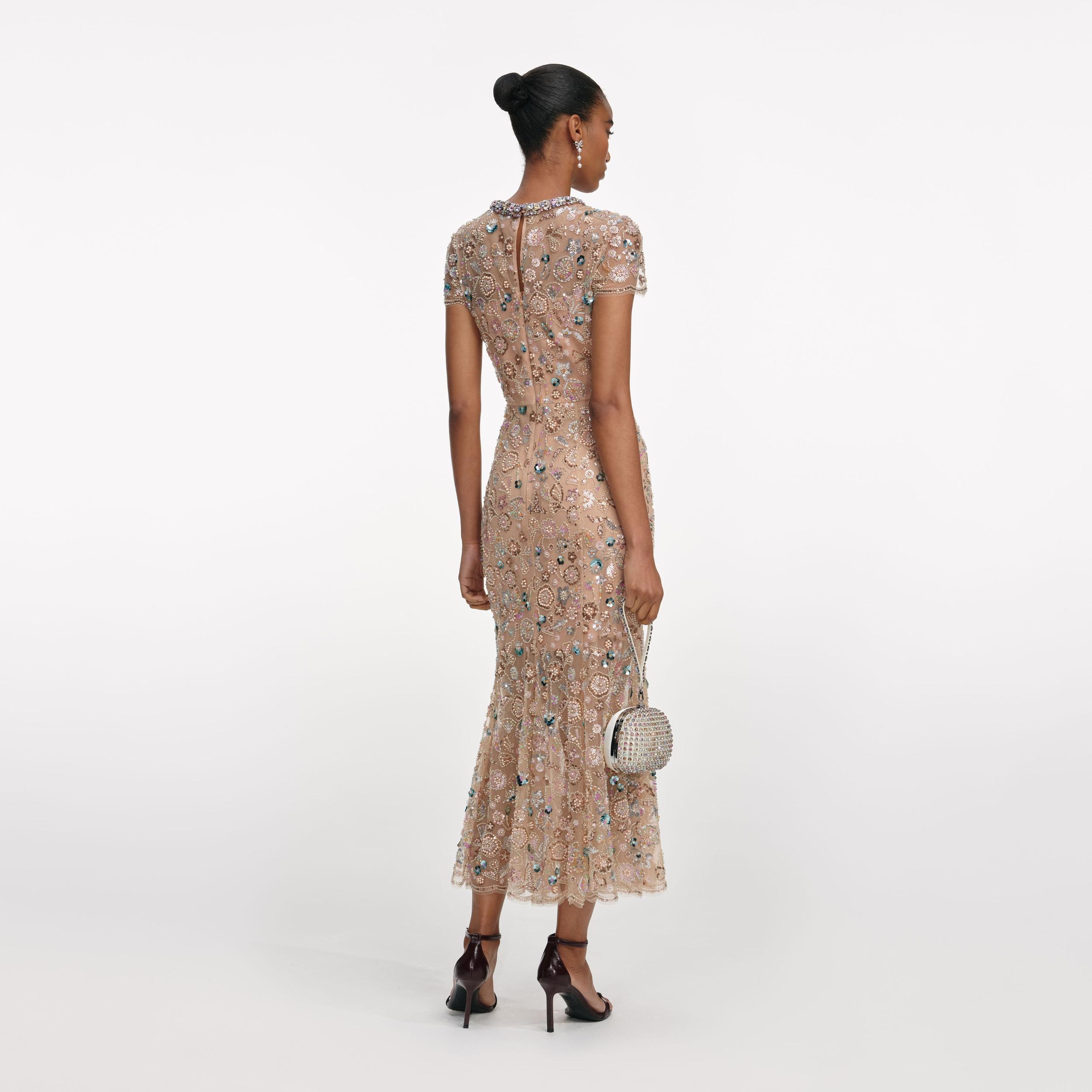 Champagne Sequin Embroidered Midi Dress Product Image