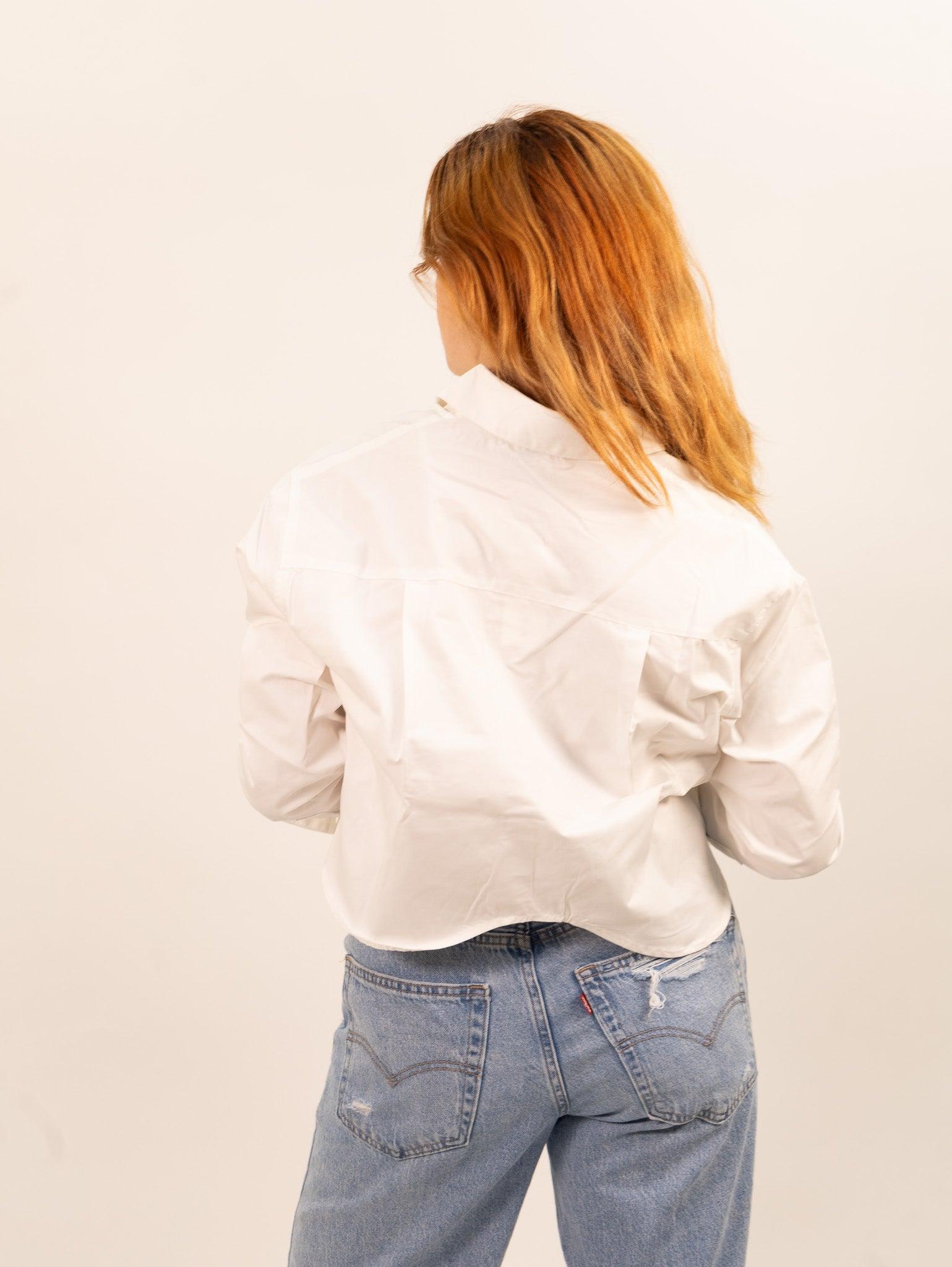 Moon River Cropped Curved Hem Shirt - White Product Image