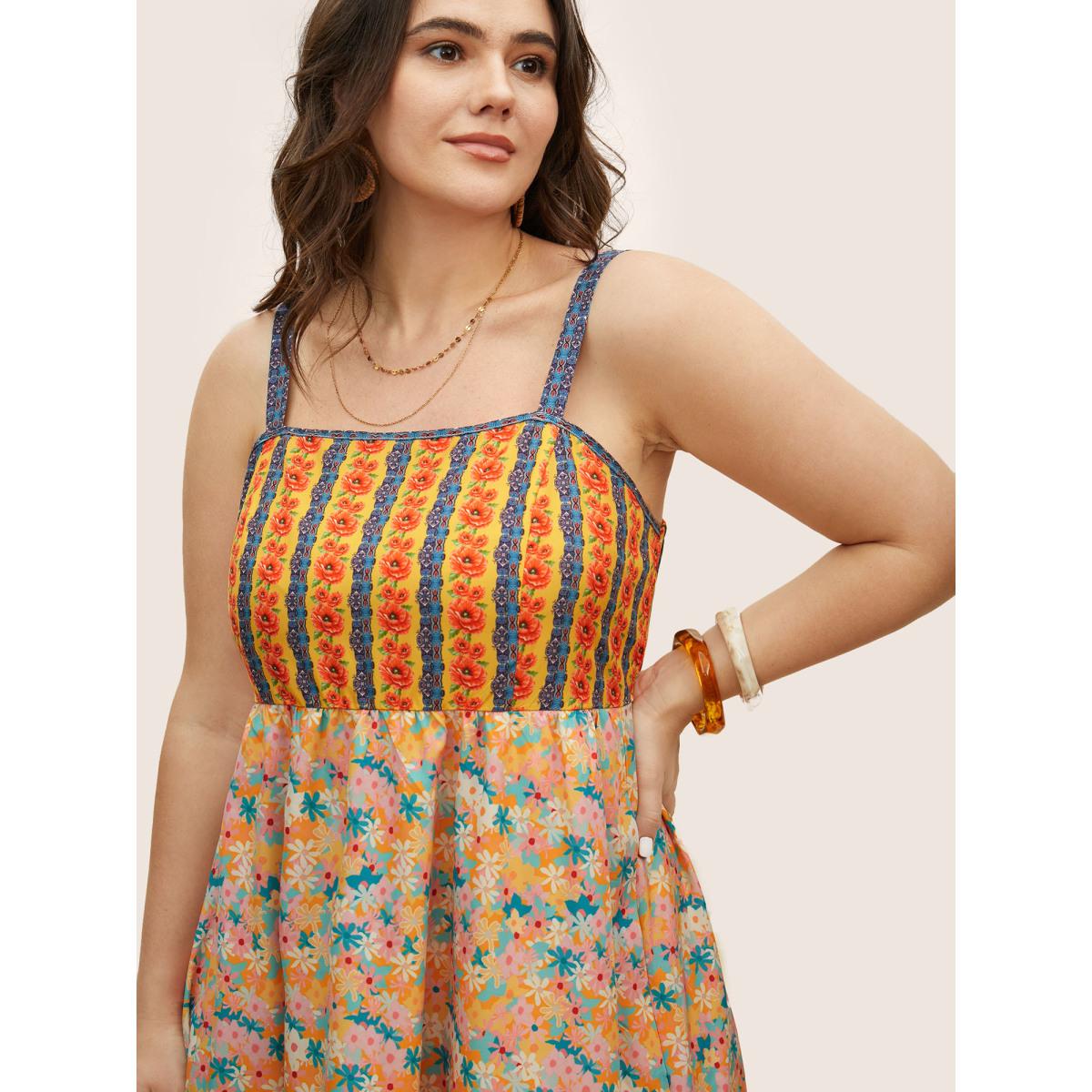 Plus Size Boho Print Elastic Waist Split Hem Dress Lightorange Women Resort Patchwork Non Sleeveless Curvy BloomChic 10/M Product Image