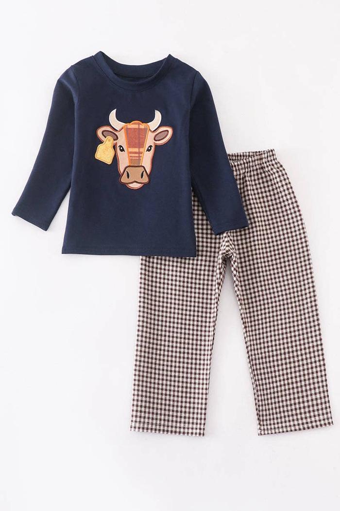 Navy Cow Applique Plaid Pant Product Image