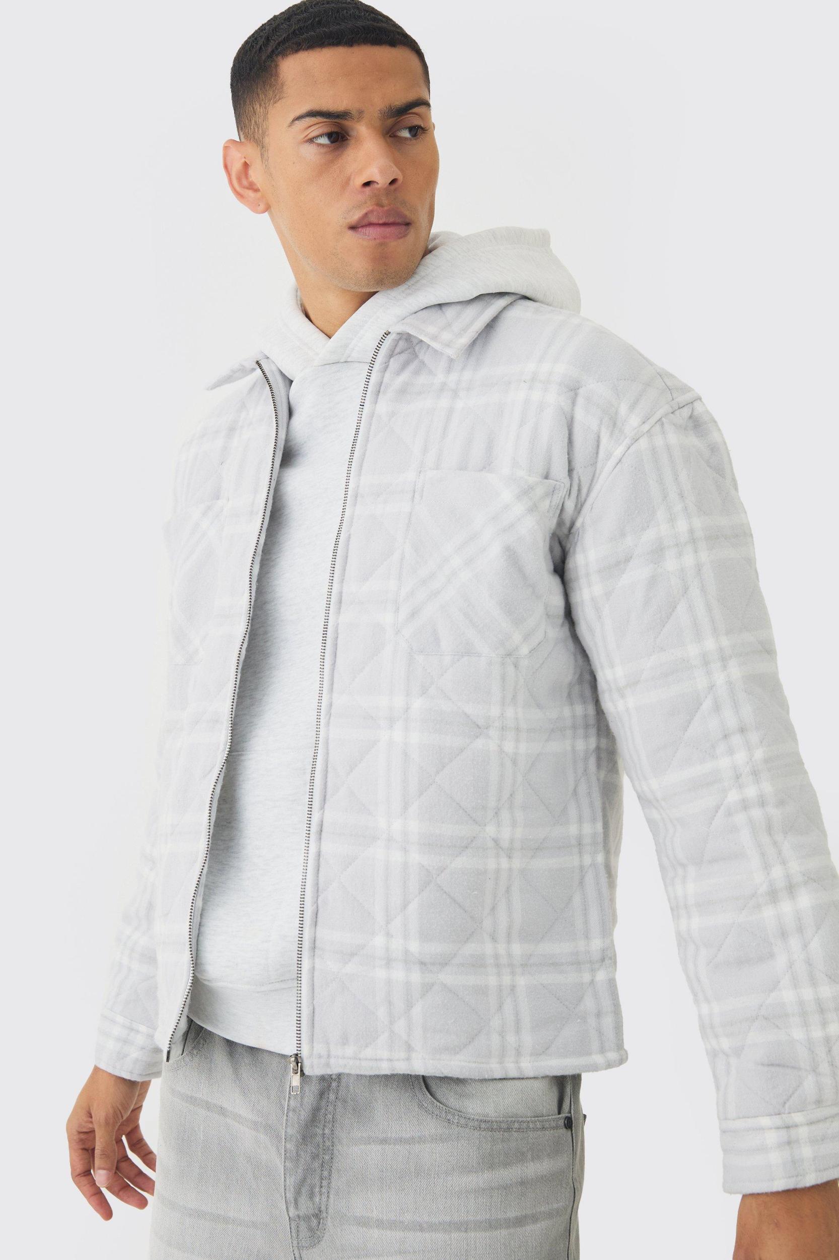 Zip Through PlaidQuilted Shirt Jacket | boohooMAN USA Product Image