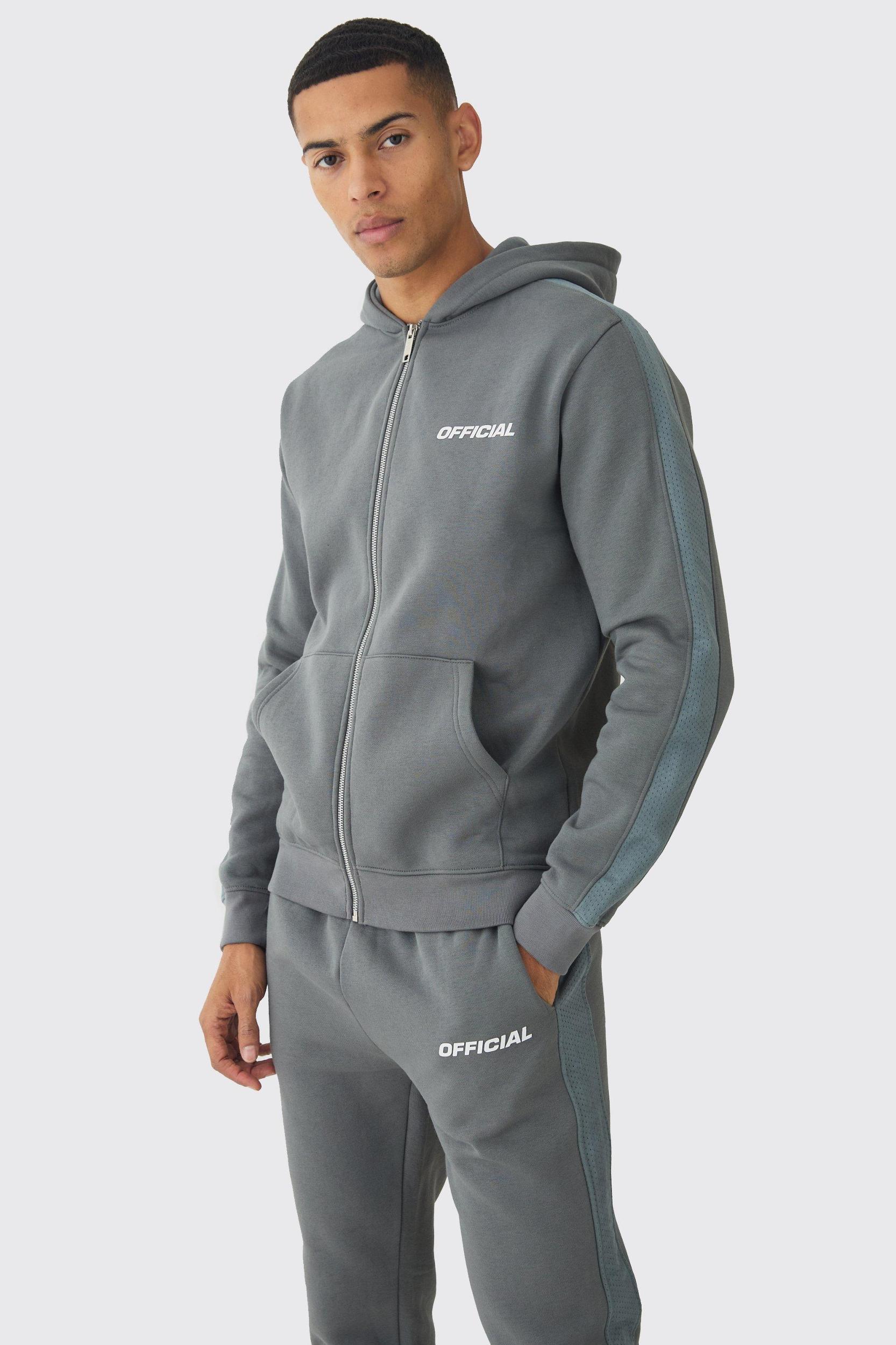 Slim Fit Official Zip Through Mesh Panelled Hooded Tracksuit | boohooMAN USA Product Image