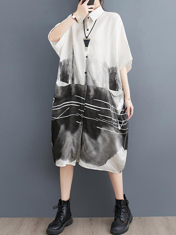 Half Sleeves Loose Printed Lapel Midi Dresses Product Image