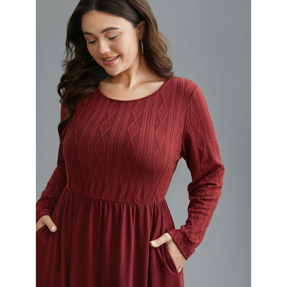 Plus Size Cable Knit Round Neck Elastic Waist Midi Dress Burgundy Women Casual Texture Knit Dresses Bloomchic 10/M Product Image
