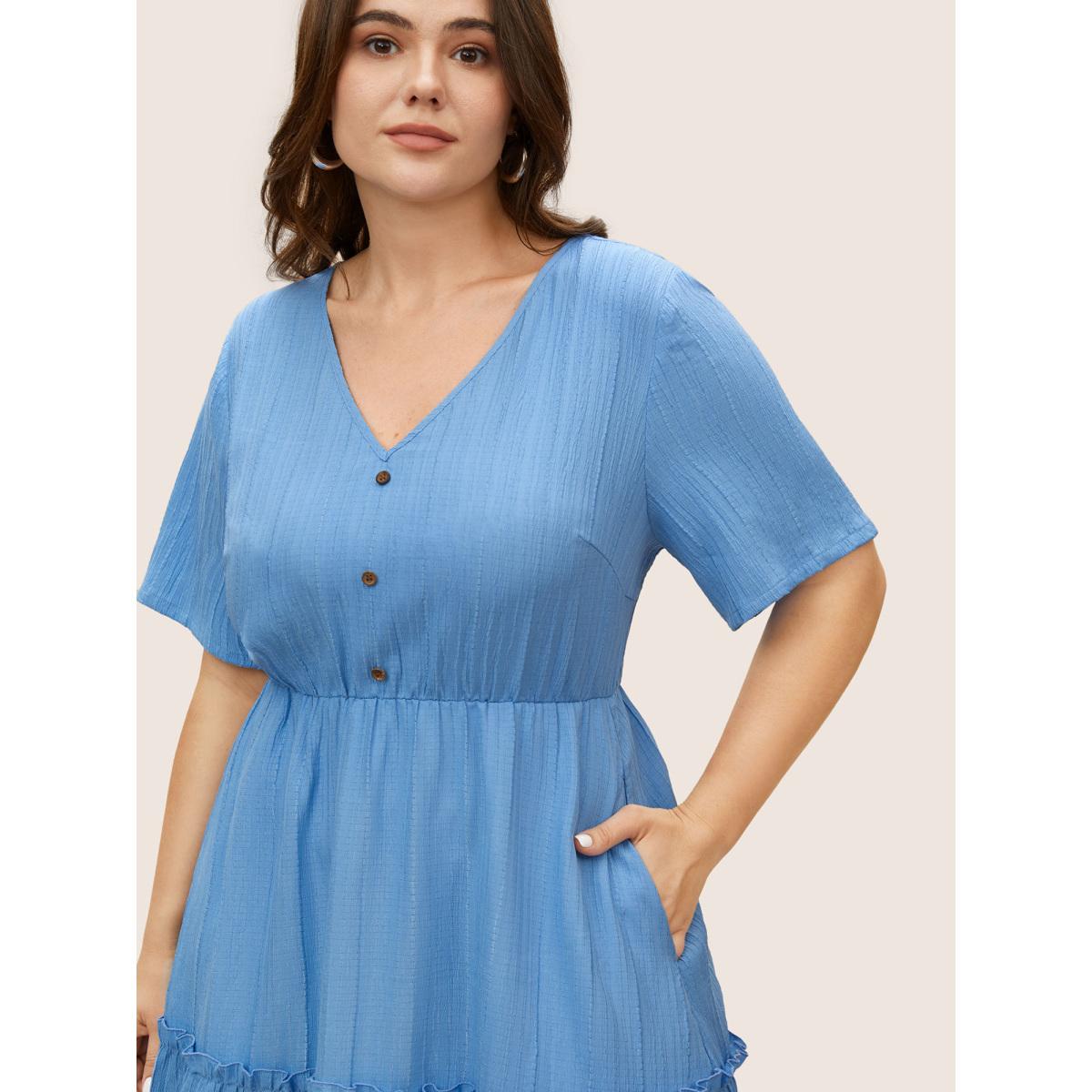 Plus Size Solid Button Detail Ruffle Layered Hem Dress LightBlue Women Casual V-neck Short sleeve Curvy Knee Dress BloomChic 22-24/3X Product Image