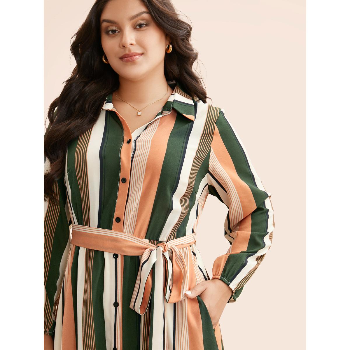 Plus Size Contrast Striped Belted Midi Dress Multicolor Women At the Office Belted Shirt collar Long Sleeve Curvy BloomChic 28/5X Product Image