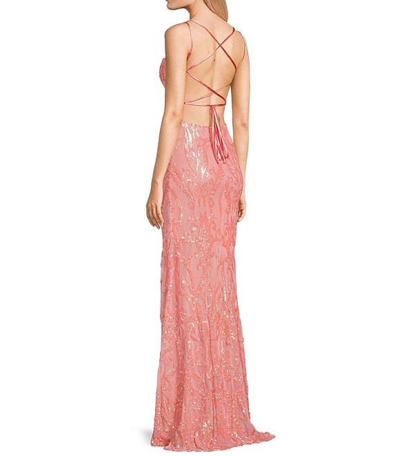 B. Darlin Sequin Patterned Straight Neck Double Spaghetti Strap Lace Up Back Dress Product Image