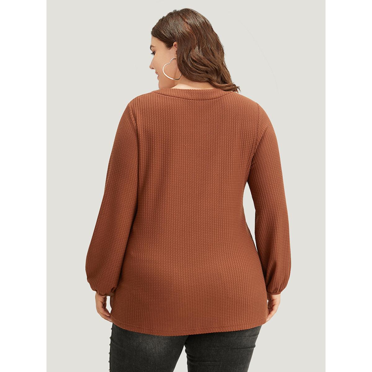 Plus Size Halloween Solid Waffle Knit Button Up Lantern Sleeve T-shirt Chocolate Women Casual Elastic cuffs Plain V-neck Festival-Halloween T-shirts BloomChic 28/5X Product Image