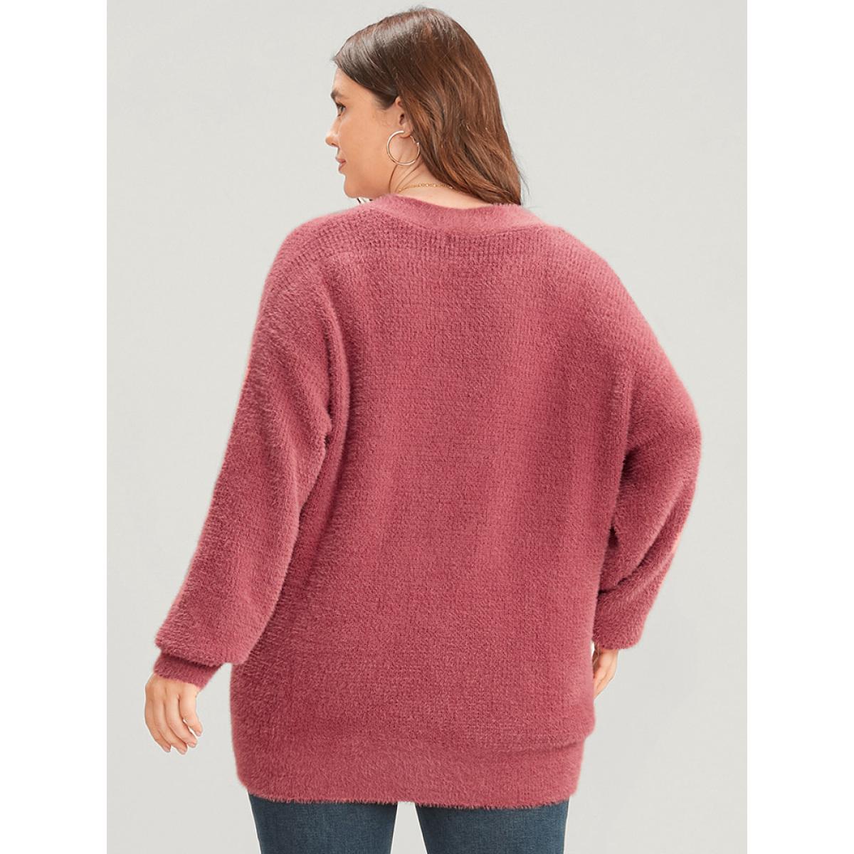Plus Size Solid Pointelle Knit Surplice Neck Fluffy Knit Top Rust Women Casual Loose Long Sleeve Deep V-neck Dailywear Pullovers BloomChic 10/M Product Image