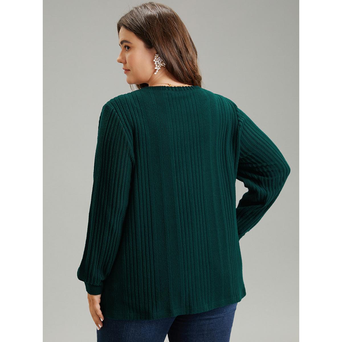 Plus Size Plain Rib Knit Pearl Beaded Sweatshirt Women DarkGreen Elegant Texture Round Neck Dailywear Sweatshirts BloomChic 12/L Product Image