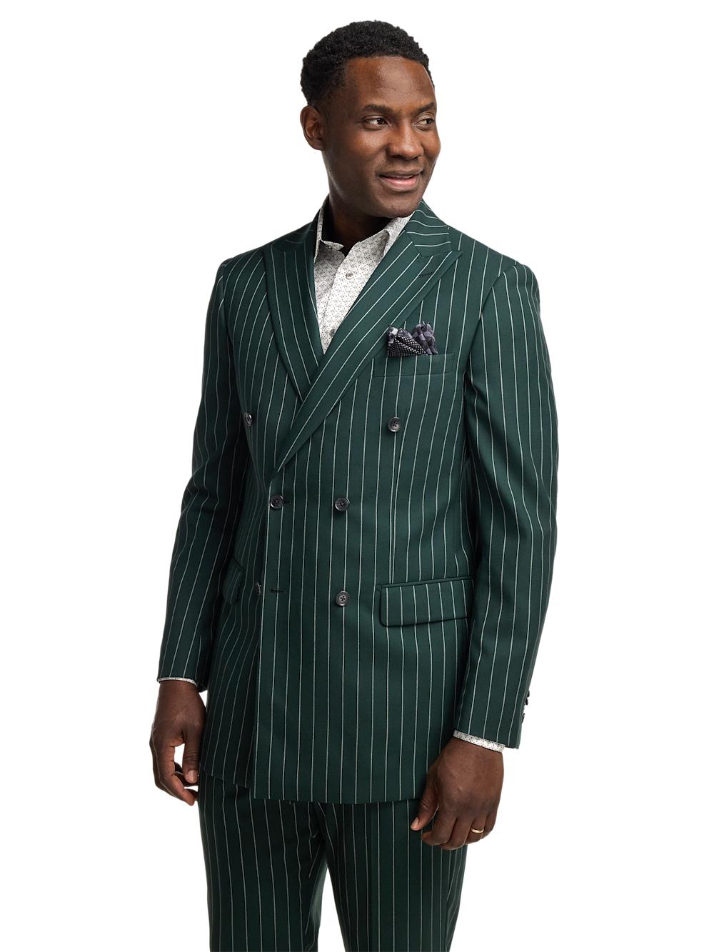 Wool Stretch Stripe Double Breasted Peak Lapel Suit Jacket - Dark Green Product Image