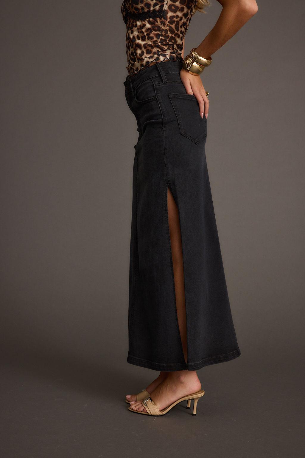 Wilder Black Stretch Denim Maxi Skirt Product Image