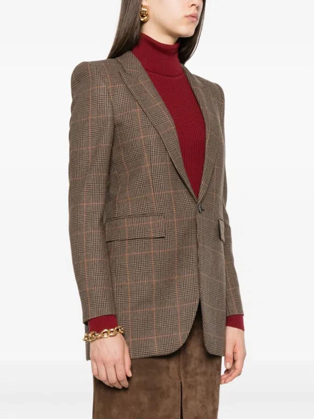 SAINT LAURENT Single-breasted Slim Houndstooth Plaid Blazer In Brown Product Image