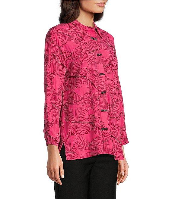 Ali Miles Petite Size Woven Allover Floral Embroidered Point Collar 3/4 Sleeve Button Front Tunic Product Image