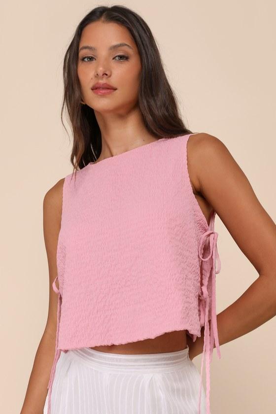 Flirty Bliss Pink Smocked Side-Tie Sleeveless Top Product Image