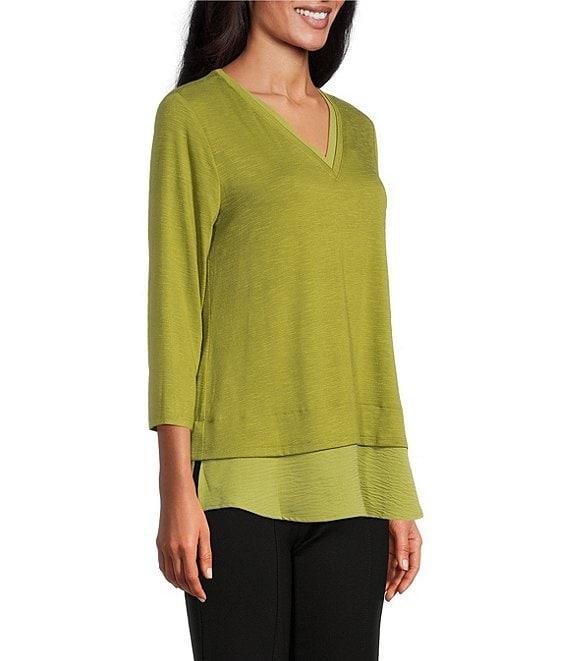 Slim Factor by Investments Chloe V-Neck 3/4 Sleeve Mixed Media Top Product Image