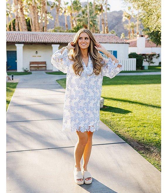 J.Marie Maggie Floral Lace Split V-Neck Long Sleeve Shift Dress Product Image