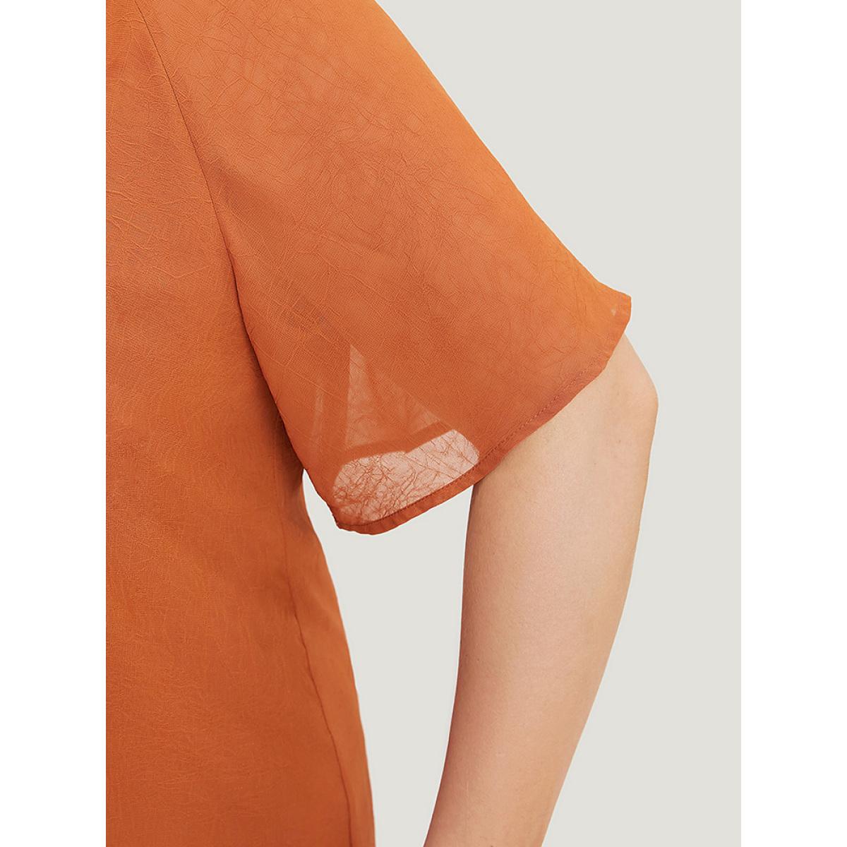 Plus Size Maroon Solid Notched Pleated Mesh Raglan Sleeve Blouse Women Casual Short sleeve V-neck Dailywear Blouses BloomChic 26/4X Product Image