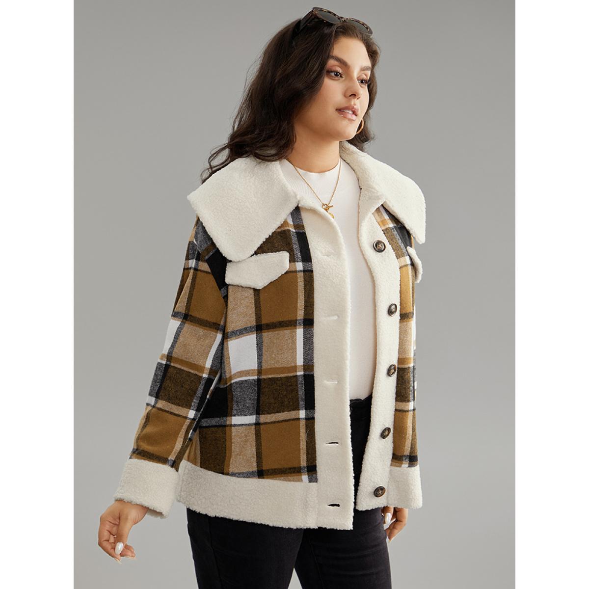 Plus Size Plaid Contrast Patchwork Button Through Jacket Women Chocolate Contrast Dailywear Jackets BloomChic 26/4X Product Image