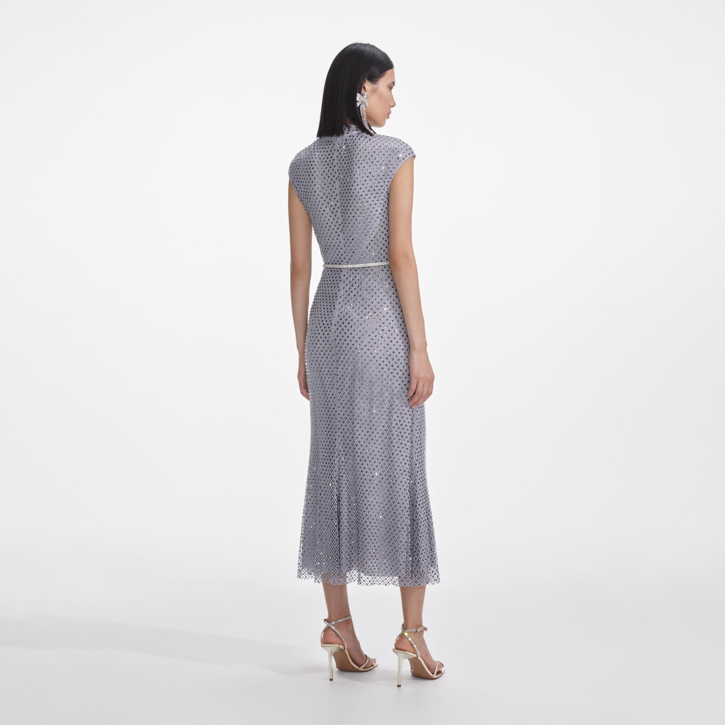 Grey Rhinestone Fishnet Midi Dress Product Image