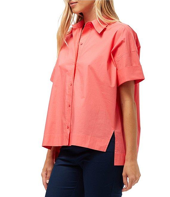 Trina Turk Opponent Stretch Poplin Point Collar Short Sleeve High Low Top Product Image