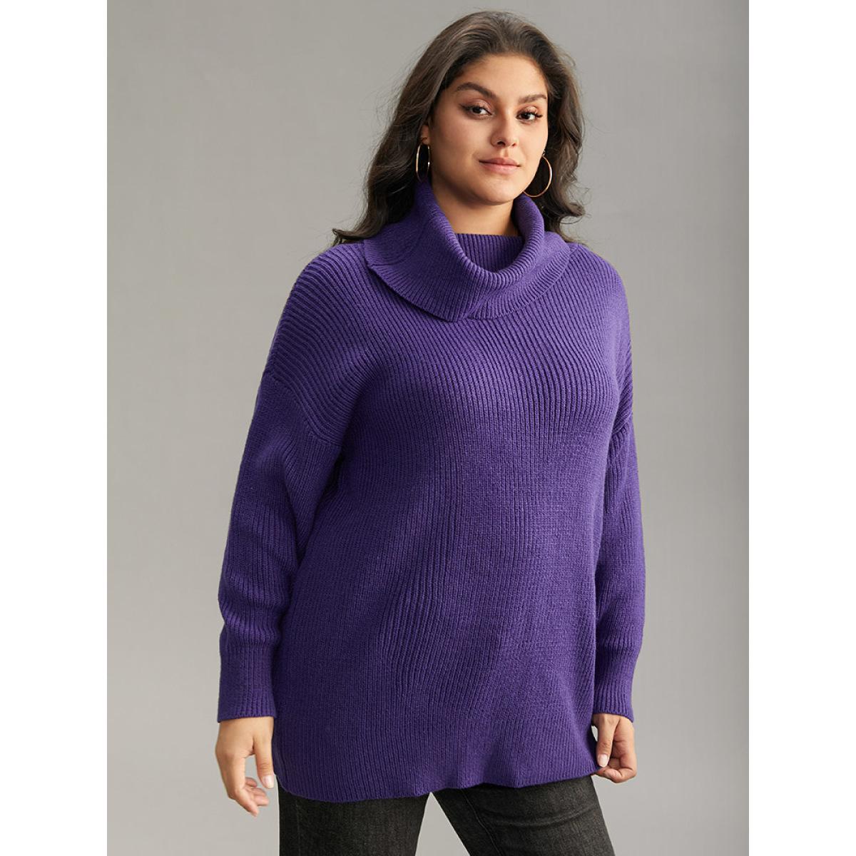 Plus Size Plain Turtleneck Texture Elastic Cuffs Pullover BlueViolet Women Casual Loose Long Sleeve Turtleneck Dailywear Pullovers BloomChic 22-24/3X Product Image