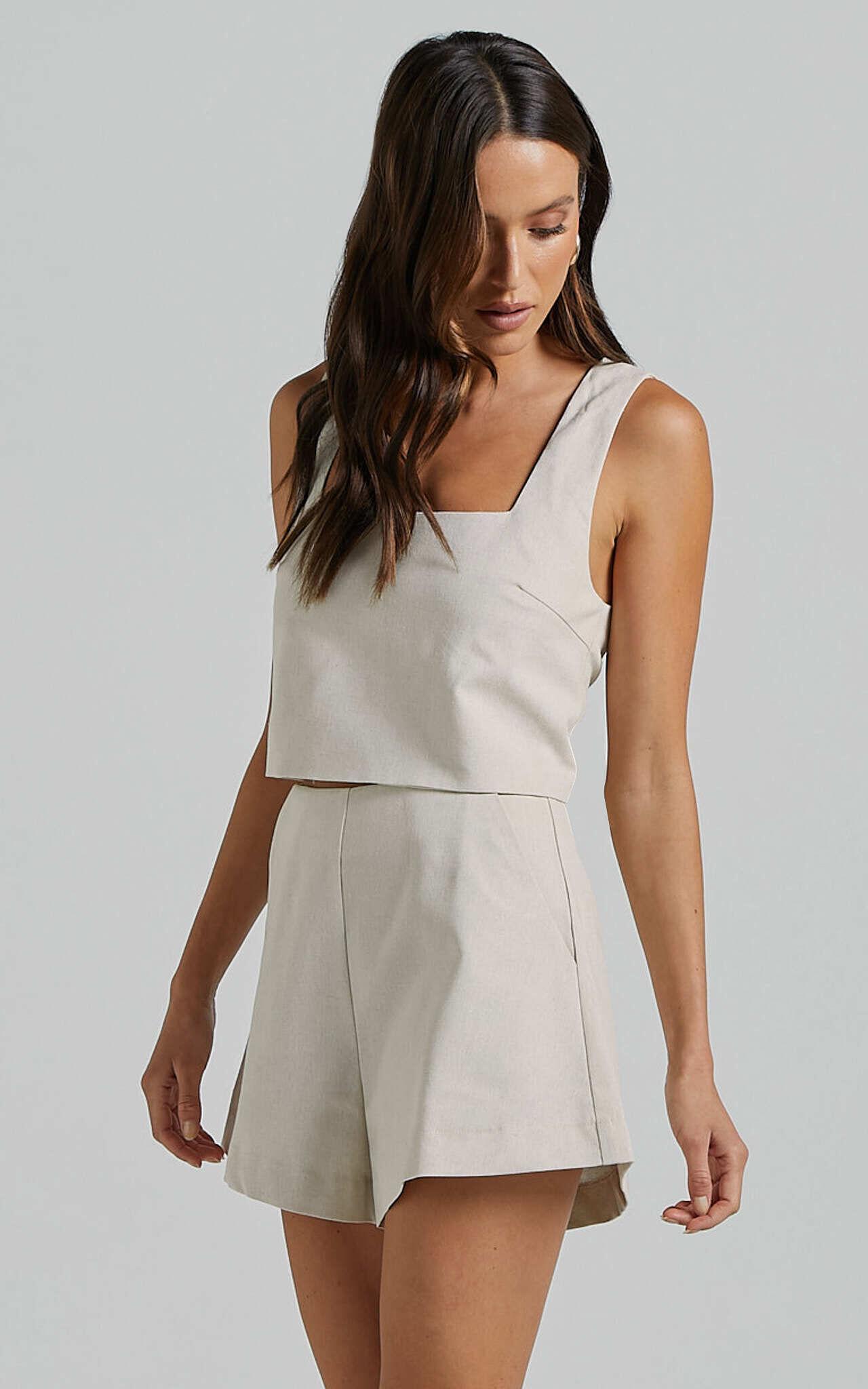 Salvador Two Piece Set - Linen Sleeveless Crop Top and High Waisted Tailored Shorts in Oatmeal Product Image