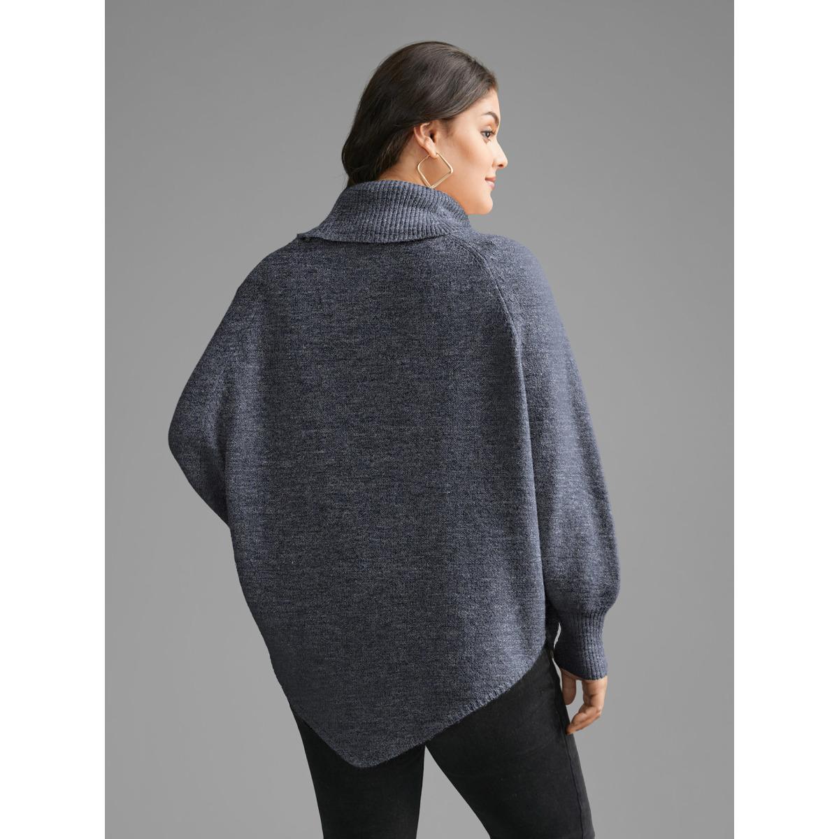 Plus Size Turtleneck Cable Knit Asymmetrical Hem Pullover Stone Women Leisure Loose Long Sleeve Ruffled collar Casual Pullovers BloomChic 10/M Product Image