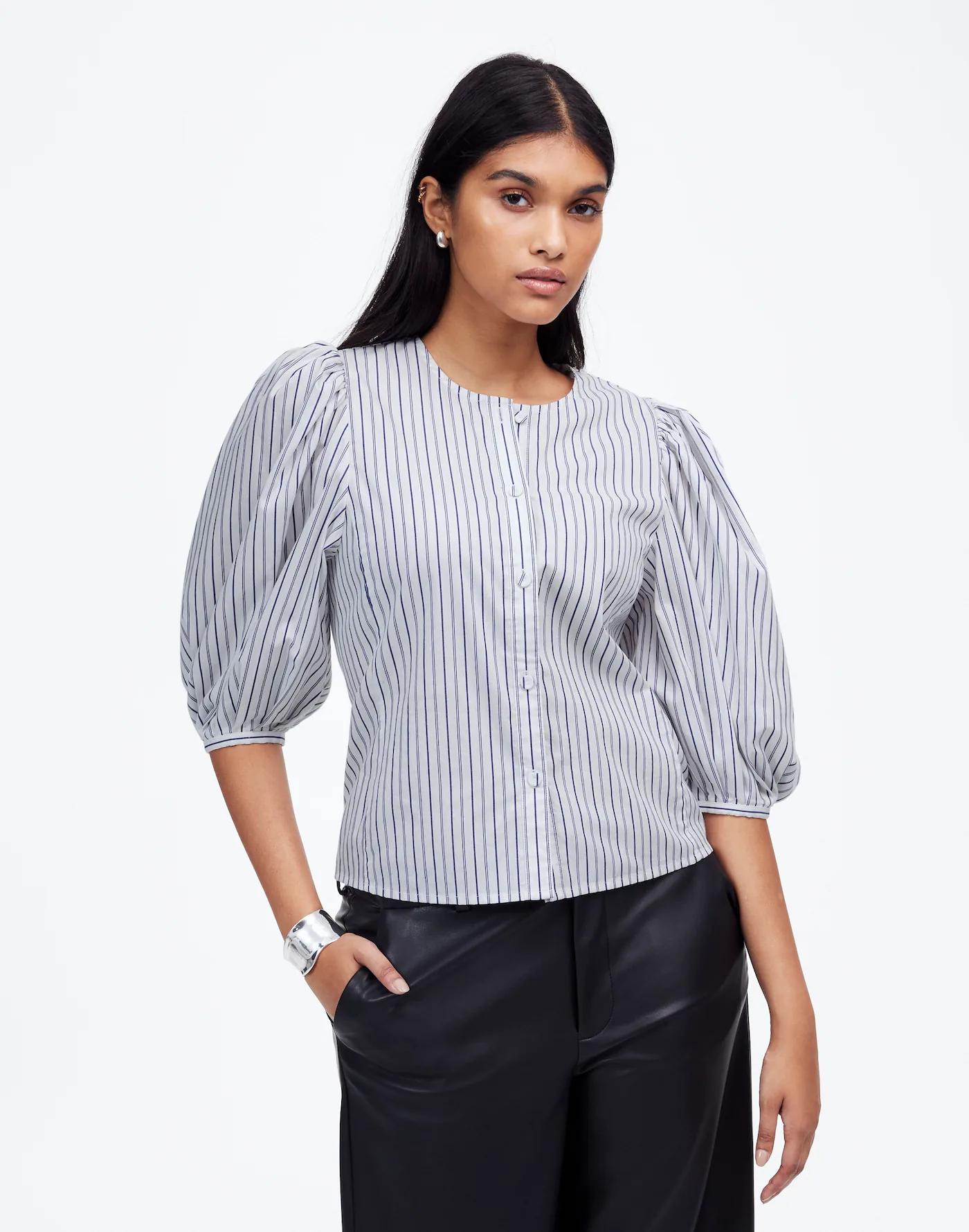 Puff-Sleeve Button-Up Top in Stripe Product Image