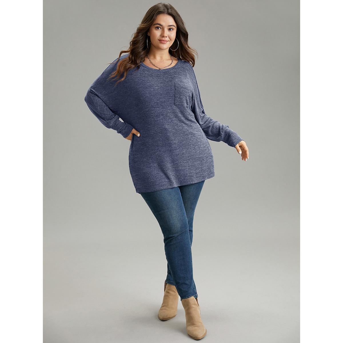 Plus Size Plain Heather Patched Pocket Dolman Sleeve T-shirt Blue Women Casual Plain Plain Round Neck Dailywear T-shirts BloomChic 10/M Product Image