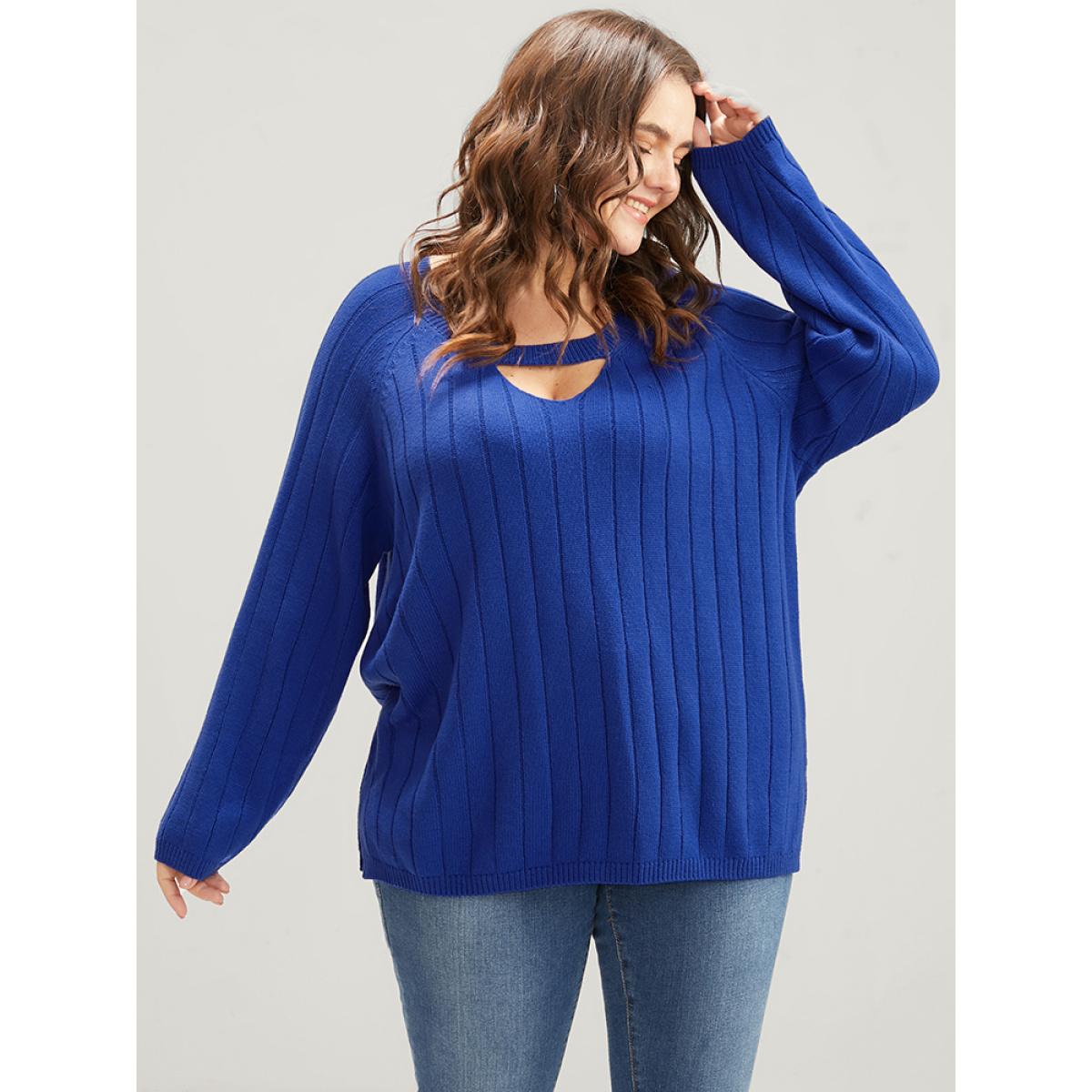 Plus Size Solid Pointelle Knit Cut Out Split Hem Rib Knit Top Aegean Women Elegant Loose Long Sleeve Dailywear Pullovers BloomChic 30/6X Product Image