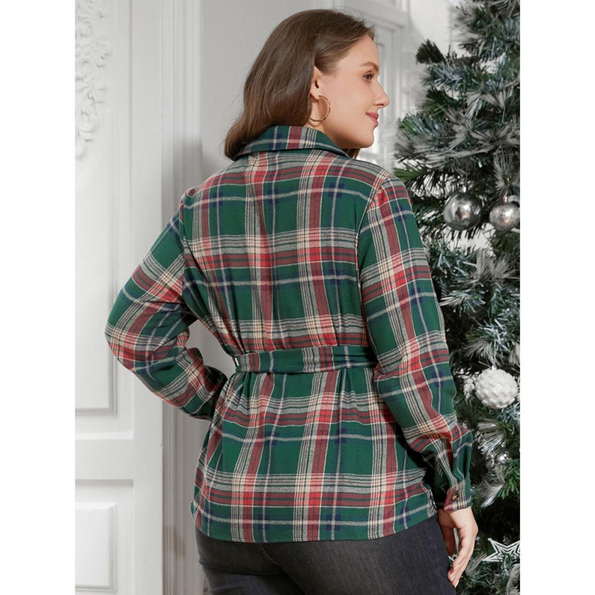 Plus Size DarkGreen Plaid Button Up Belted Blouse Women Casual Long Sleeve Shirt collar Festival-Christmas Blouses BloomChic 12/L Product Image