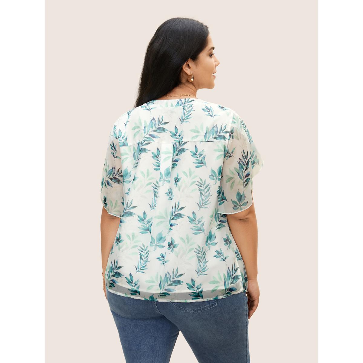 Plus Size Emerald Chiffon Tropical Print Petal Sleeve Blouse Women Elegant Half Sleeve Flat collar with V-notch Everyday Blouses BloomChic 30/6X Product Image