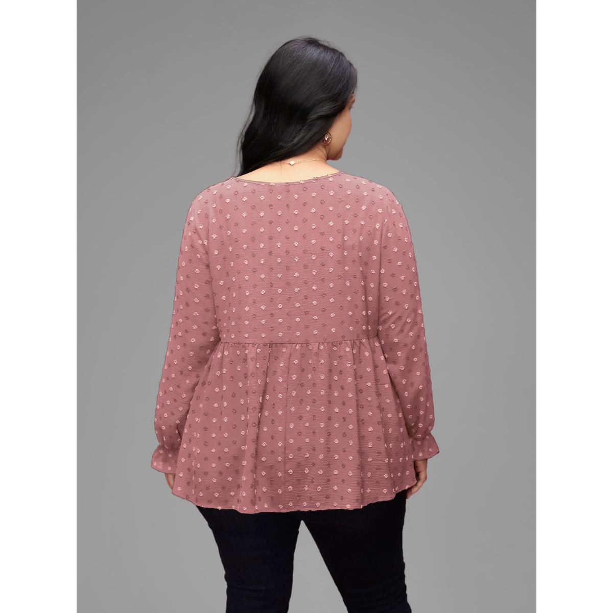 Plus Size Rouge Textured Dot Elastic Cuffs A-line Blouse Women Leisure Long Sleeve Round Neck Casual Blouses BloomChic 10/M Product Image