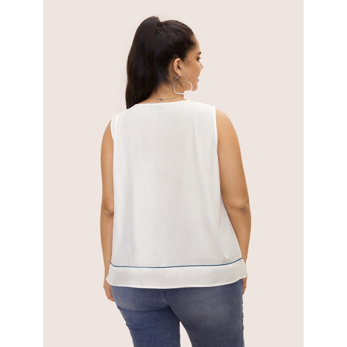 Plus Size Contrast Trim Shirred Gathered Tank Top Women Originalwhite Casual Gathered Round Neck Everyday Tank Tops Camis BloomChic 10/M Product Image