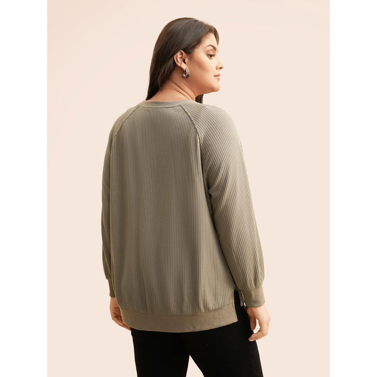 Plus Size Crew Neck Zipper Detail Raglan Sleeve Sweatshirt Women LightBrown Casual Texture Loose Round Neck Everyday Sweatshirts BloomChic 22-24/3X Product Image