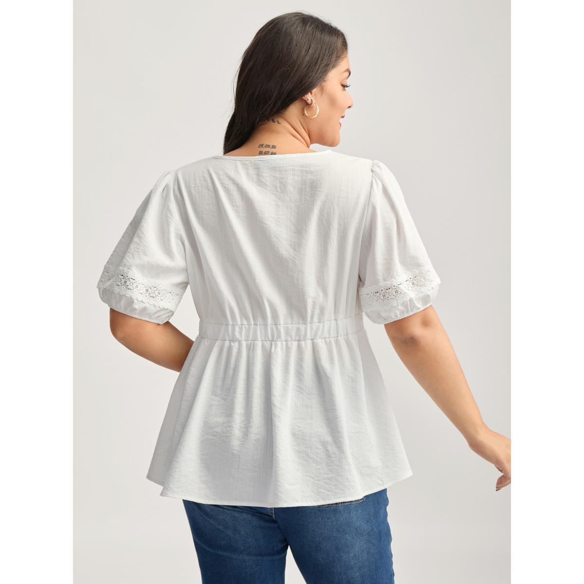 Plus Size Originalwhite Lace Trim V-Neck Puffy Sleeve Blouse Women Half Sleeve V-neck Everyday-Elegant Blouses BloomChic 12/L Product Image