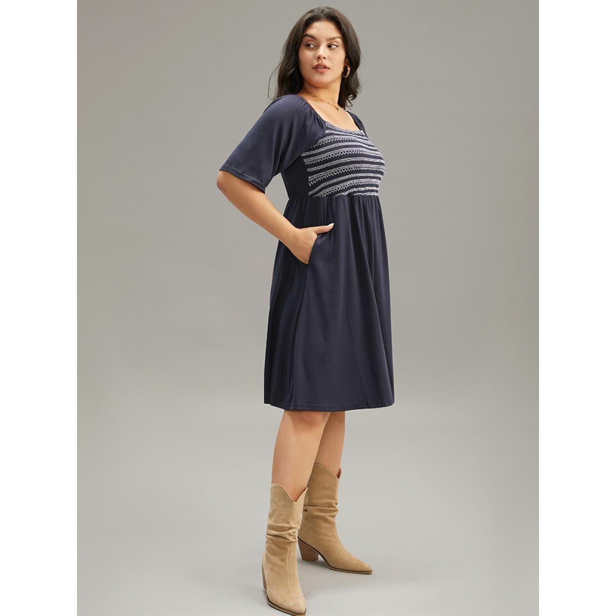 Plus Size Supersoft Essentials Striped Patchwork Pocket Gathered Square Neck Dress Indigo Women Casual Gathered Square Neck Short sleeve Curvy Midi Dress BloomChic 30/6X Product Image
