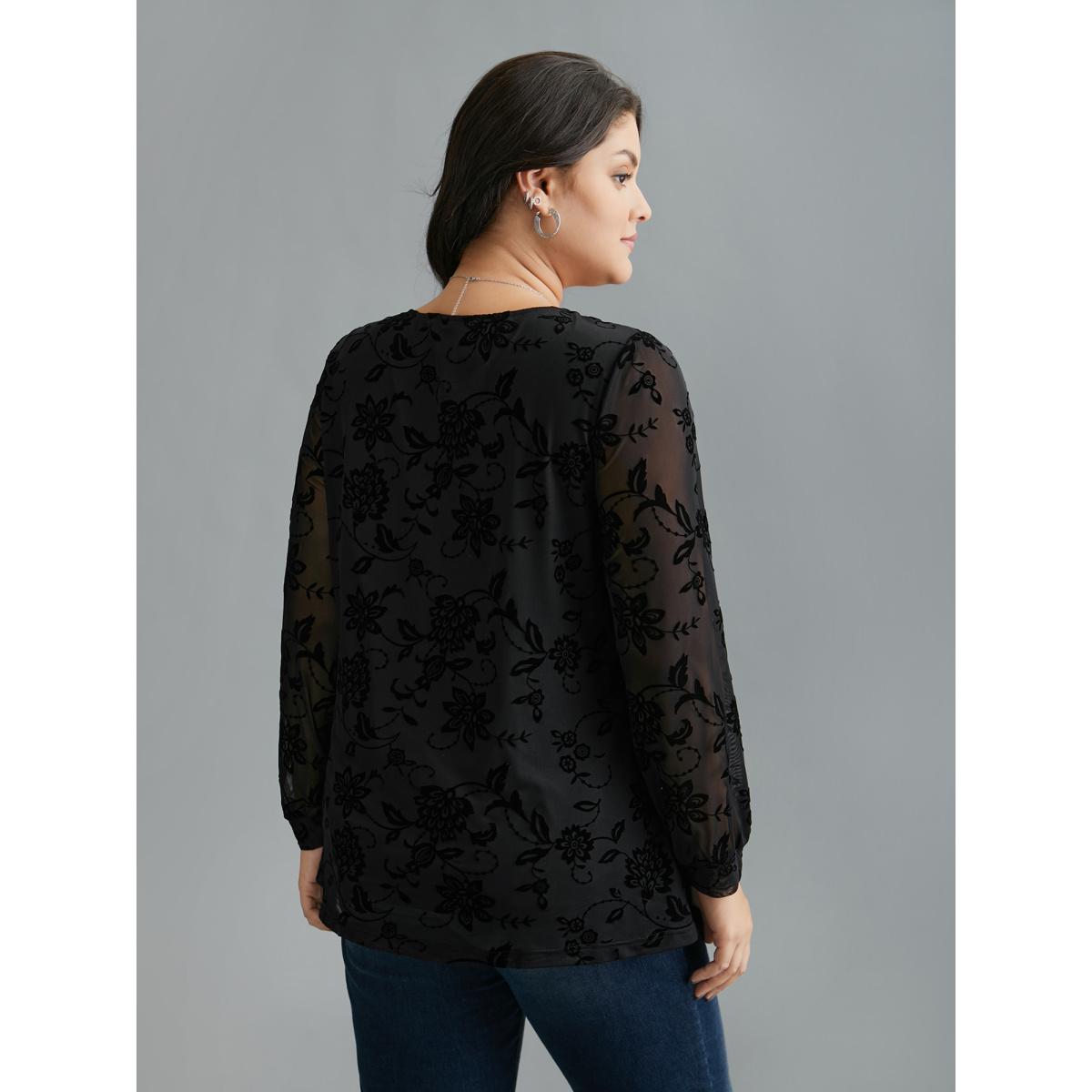 Plus Size Black Floral Flocking Sheer Sleeve Lined Knit Top Women Elegant Long Sleeve Round Neck Everyday Blouses BloomChic 14-16/1X Product Image