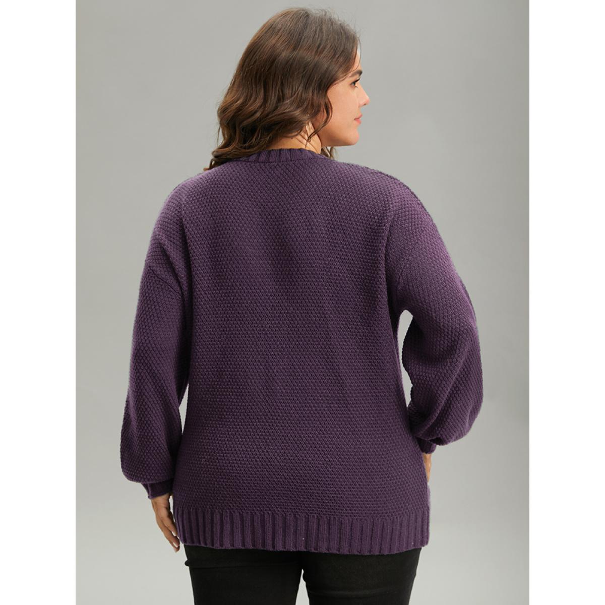 Plus Size Solid Cable Knit V Neck Elastic Cuffs Pullover Eggplant Women Casual Loose Long Sleeve V-neck Everyday Pullovers BloomChic 12/L Product Image