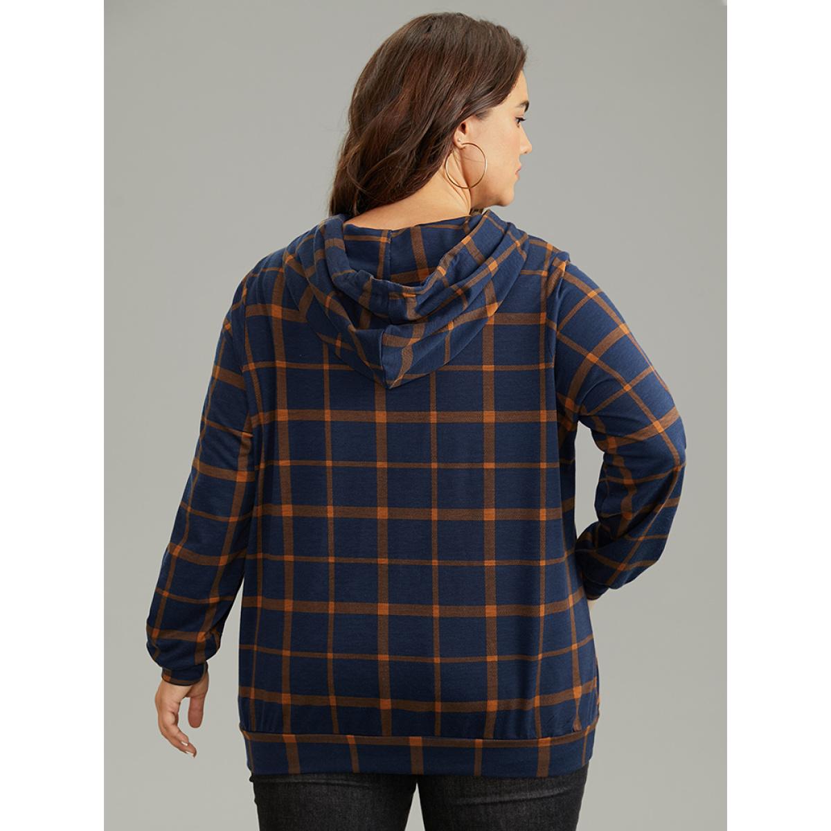 Plus Size Contrast Plaid Hooded Drawstring Sweatshirt Women DarkBlue Casual Contrast Hooded Dailywear Sweatshirts BloomChic 12/L Product Image